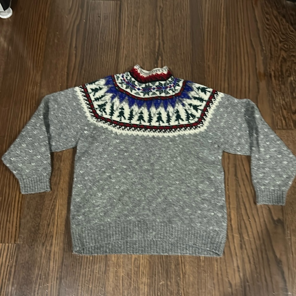 Eddie Bauer Gray Wool Fair Isle Yoke Sweater with Red and Blue Accents